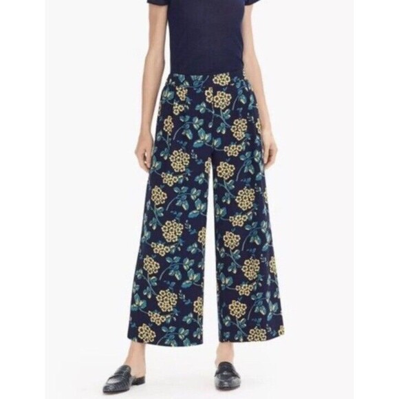 J Crew Navy Floral Print High Waist Wide Leg Cropped Pull On Pants Size 2 - Picture 1 of 11